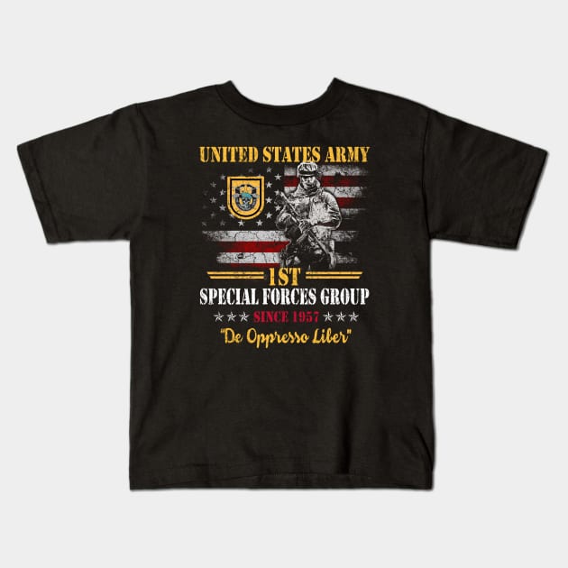 Proud US Army 1st Special Forces Group Since 1957 De Oppresso Liber SFG - Gift for Veterans Day 4th of July or Patriotic Memorial Day Kids T-Shirt by Oscar N Sims